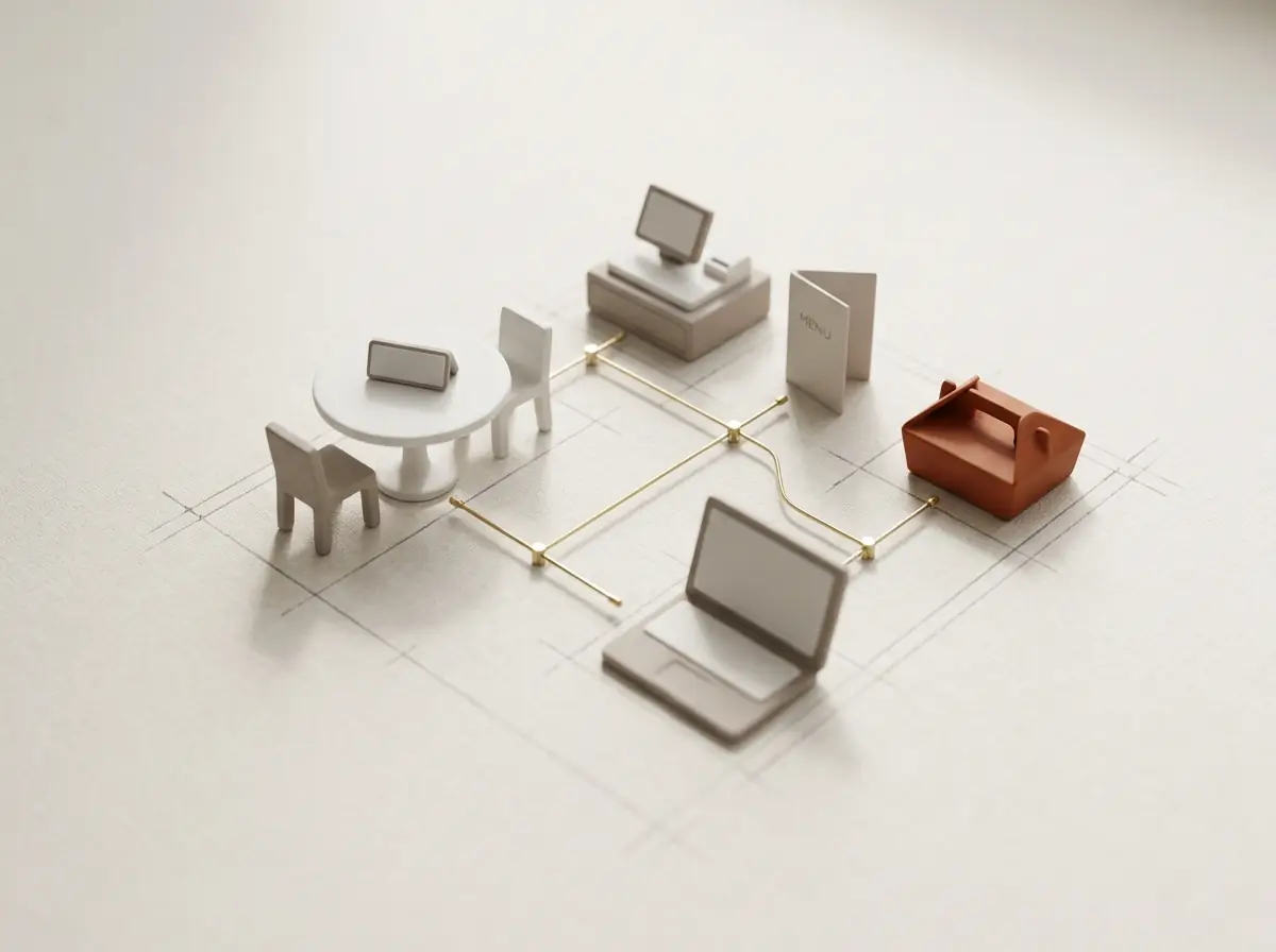 Porcelain model of a restaurant: laid table, till system, menu, laptop with website and a pick-up box, connected by brass wires